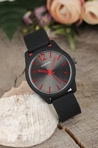 Women's Black Silicone Corded Red Dial Watch