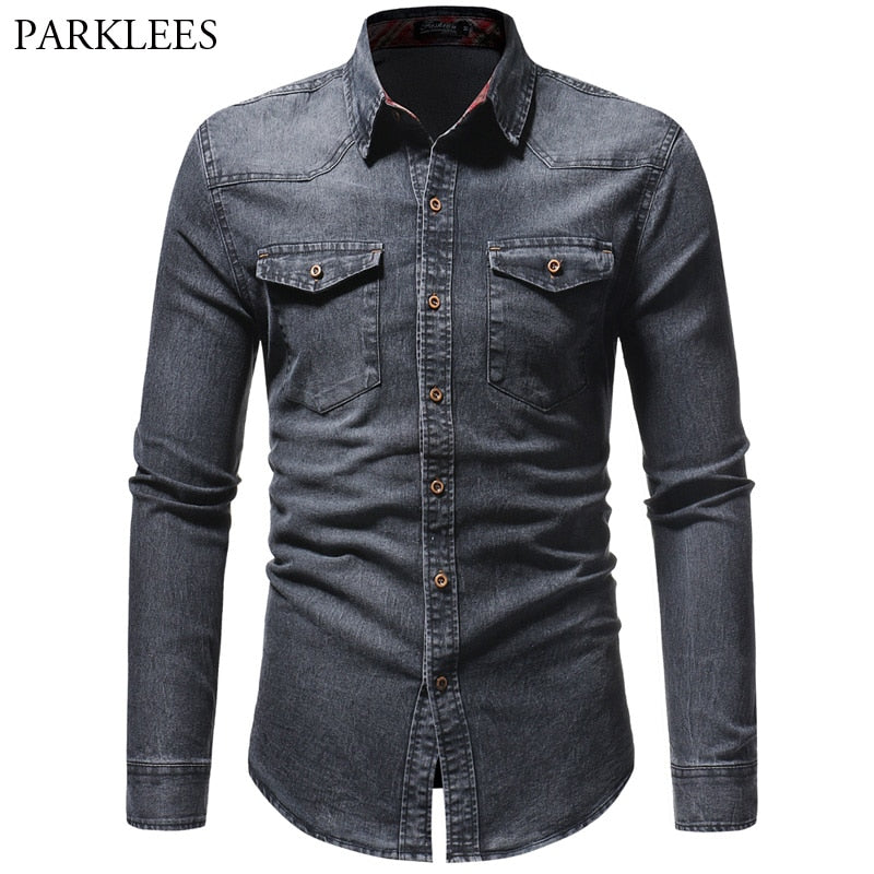 Denim Shirt Men Long Sleeve