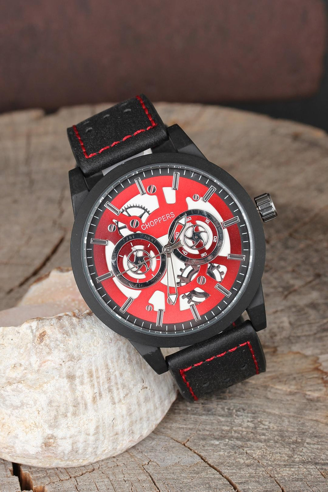 Men's Black Mat Metal Case Black Leather Corded Inner Red Design Watch