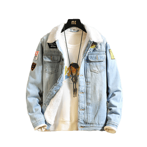 NEW Denim Jacket Men Patchwork Gold Ribbon