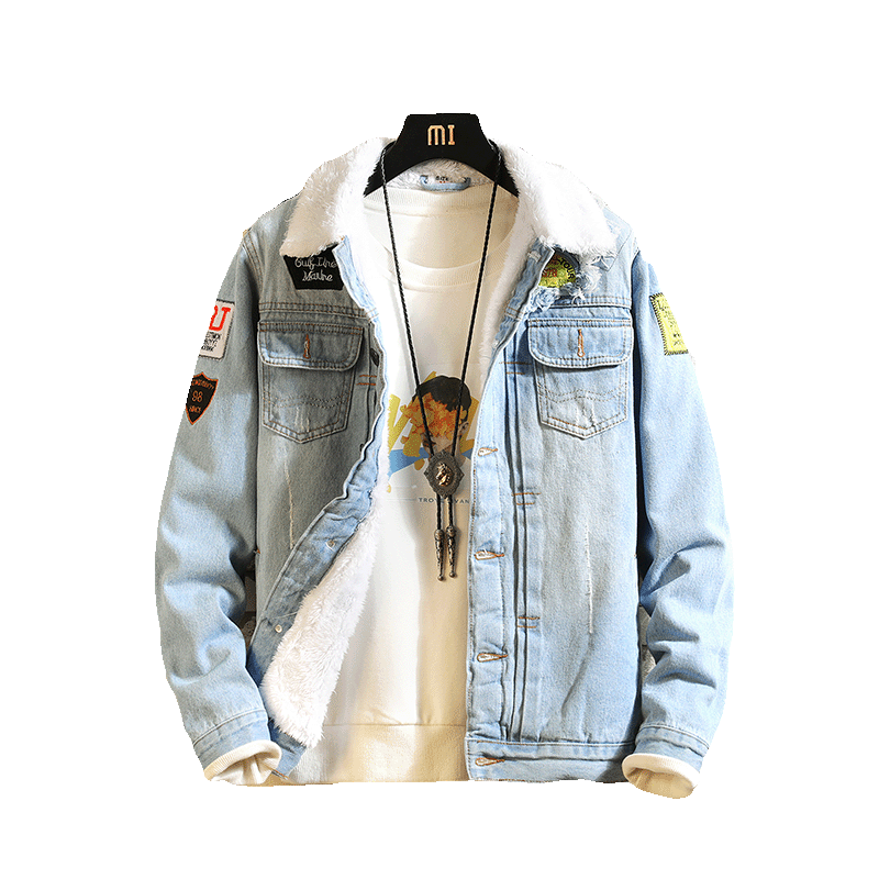 NEW Denim Jacket Men Patchwork Gold Ribbon