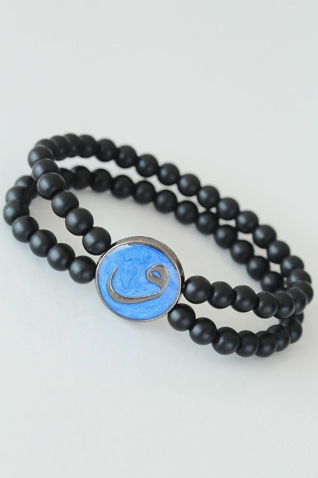 Men's Navy Blue Metal Accessory Black Natural Onyx Stone Bracelet