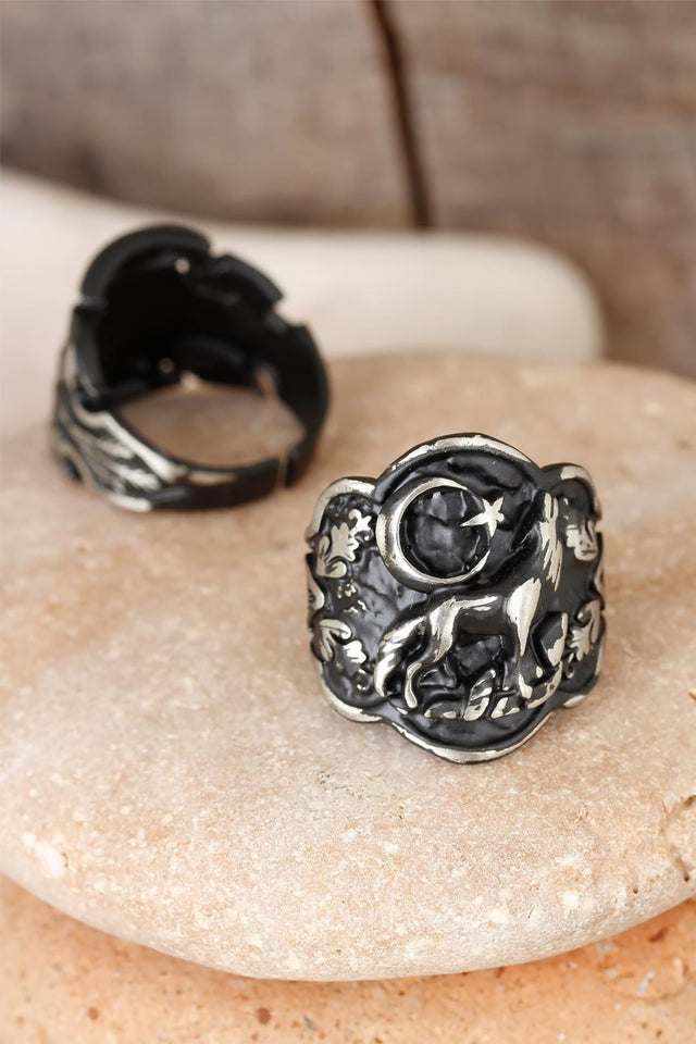 Men's Moon Star Figure Smoky Grey Adjustable Ring