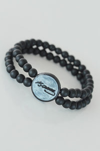 Men's Blue Metal Atatürk Signature Figure Black Natural Stone Bracelet