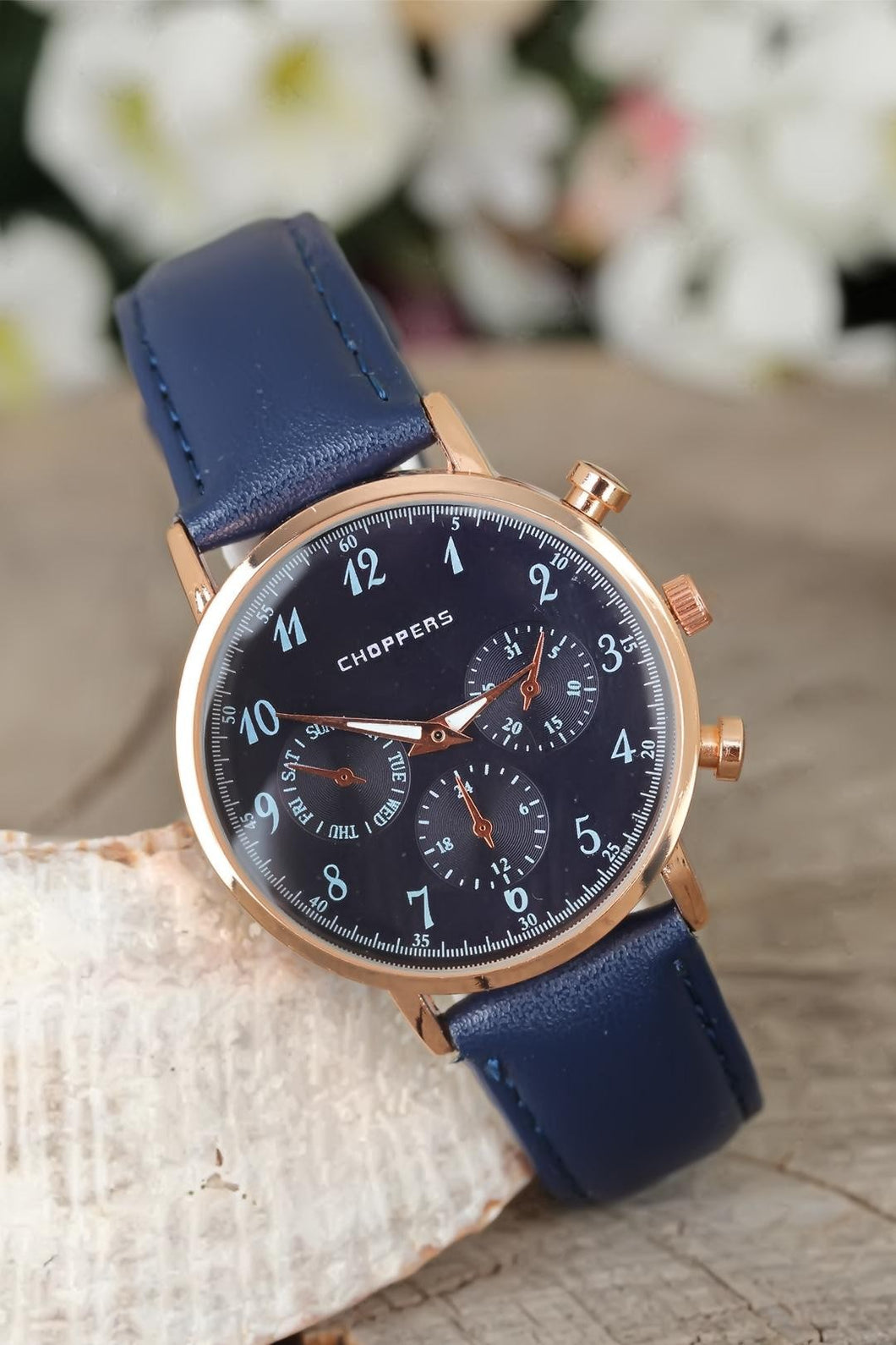 Navy Blue Leather Corded Rose Metal Case Watch